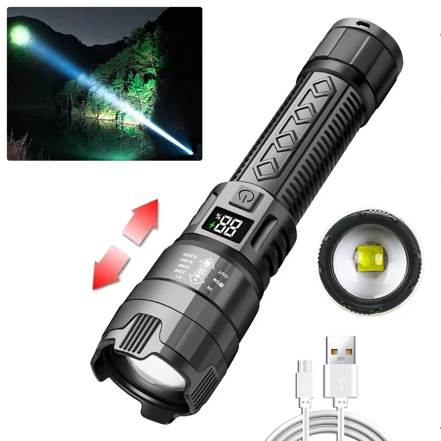 Torcia LED Impermeabile Ricaricabile 10000 lumen Torcia Tattica con Display di Potenza 5 Modalità Zoomabile Portatile Torcia Elettrica per Campeggio Escursionismo Pesca Avventure All'aperto