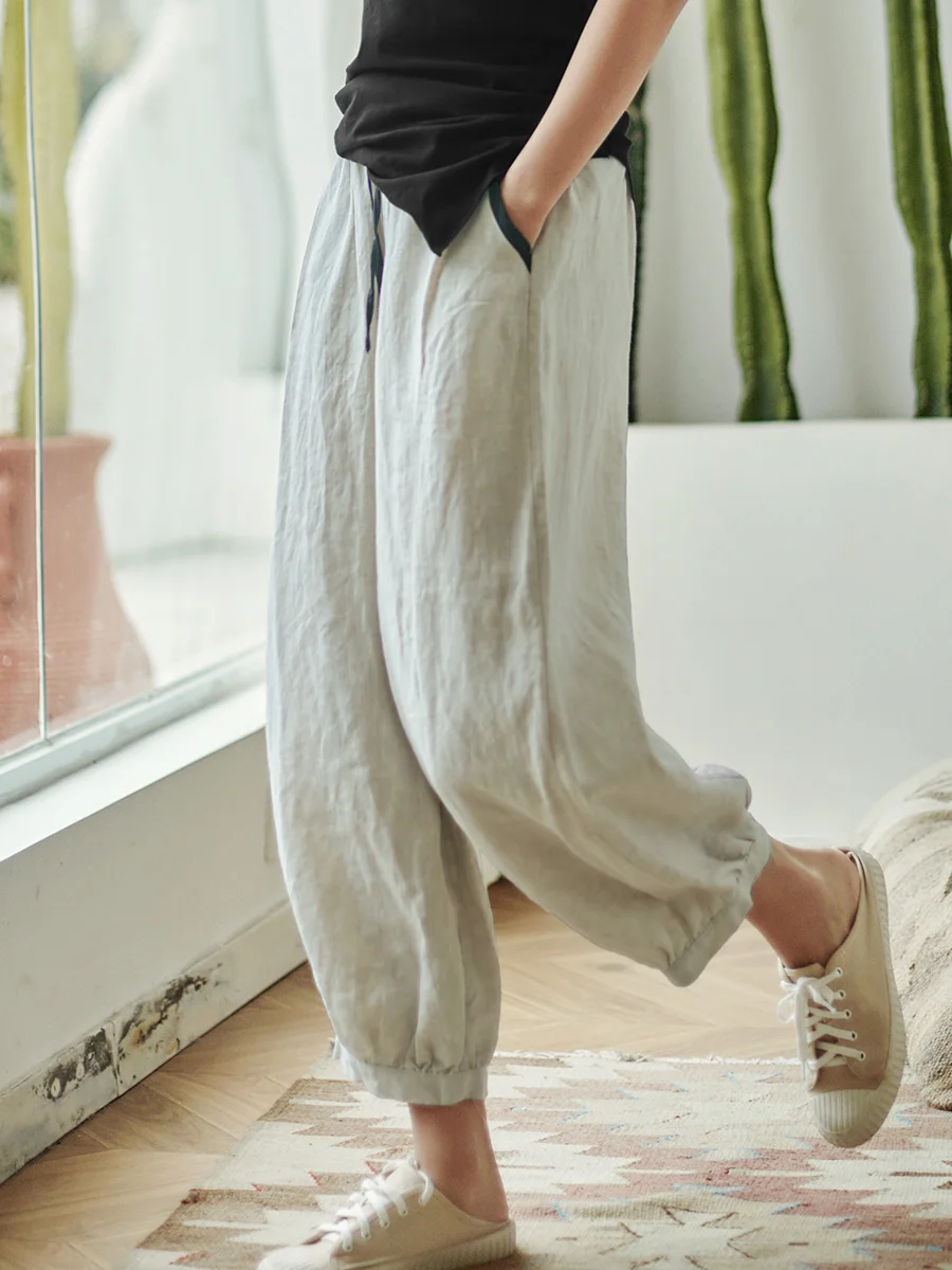 

22 spring and summer new literary casual pants loose and thin, versatile lantern pants, rain dew Linen Pants 20211121-7