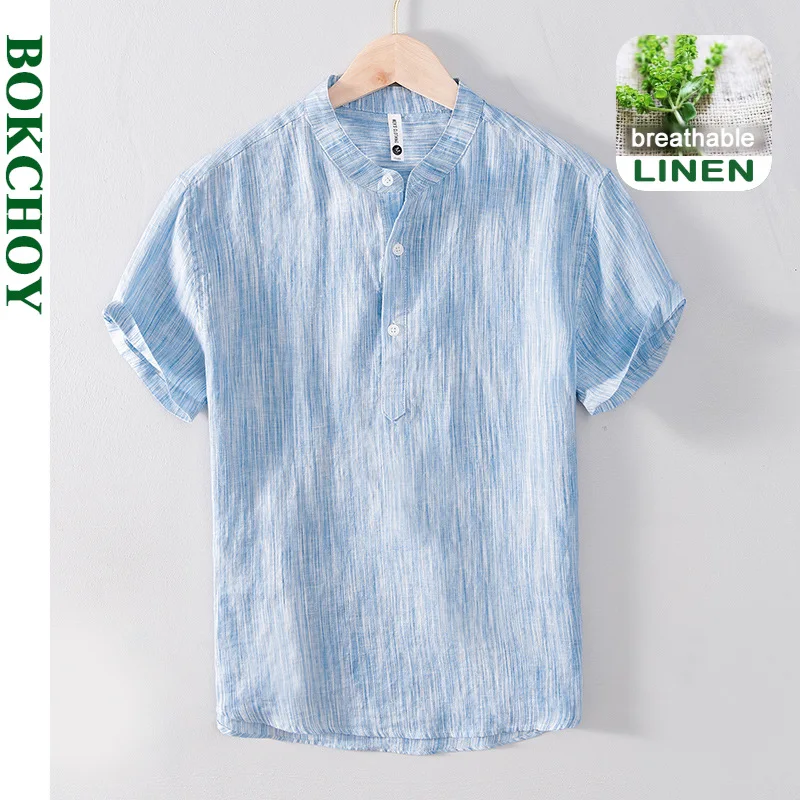 

Summer Spring New Men Striped T-shirt Linen Breathable Casual Pure Color Short Sleeve Shirt Gray Blue GC-L878
