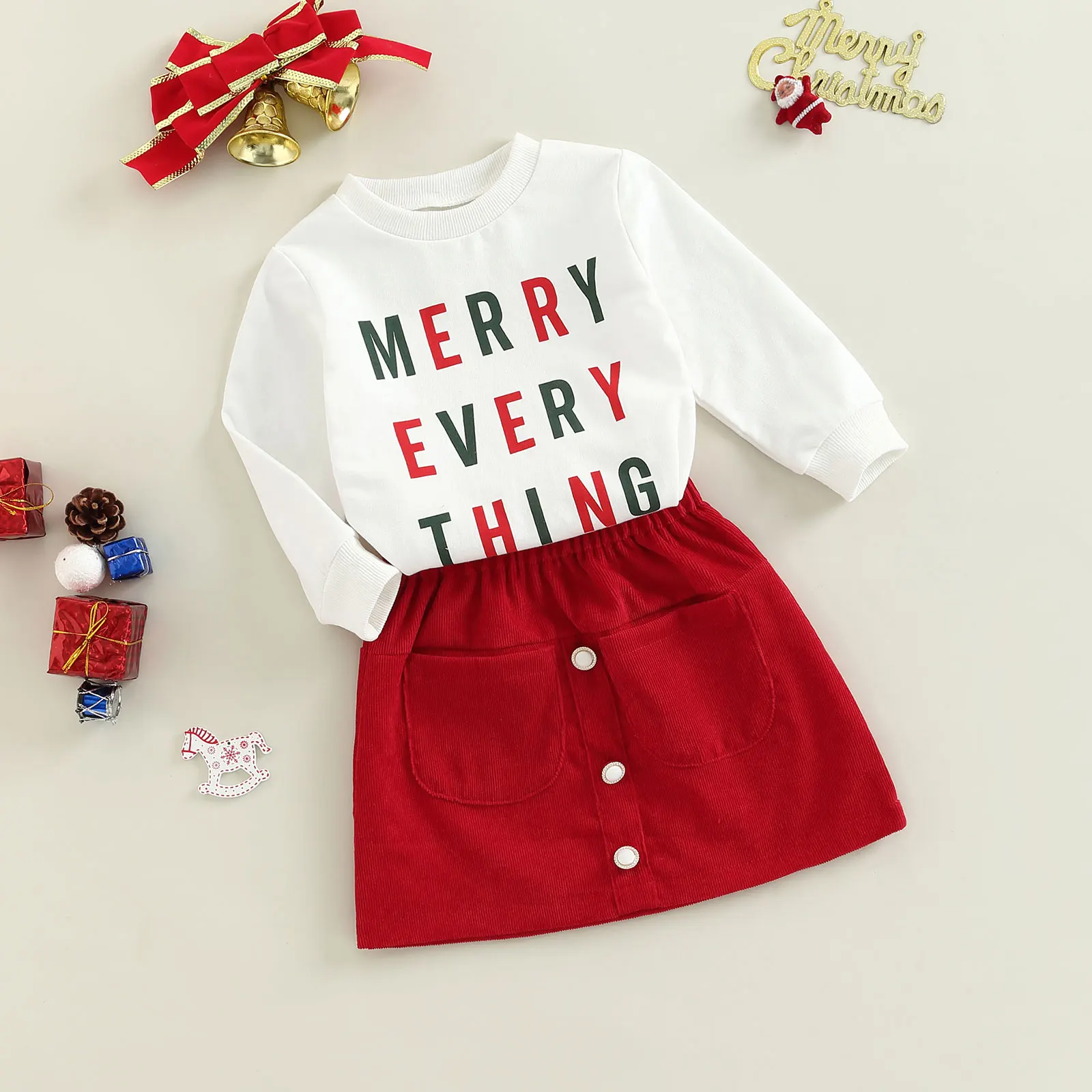 Citgeett Autumn Christmas Kids Toddler Girl Outfit Sets Long Sleeve Letter Print Pullover + Solid Color Button A-line Skirt Xmas