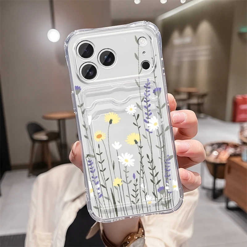 Clear Soft Case with Flower Design and Transparent Card Holder Slots