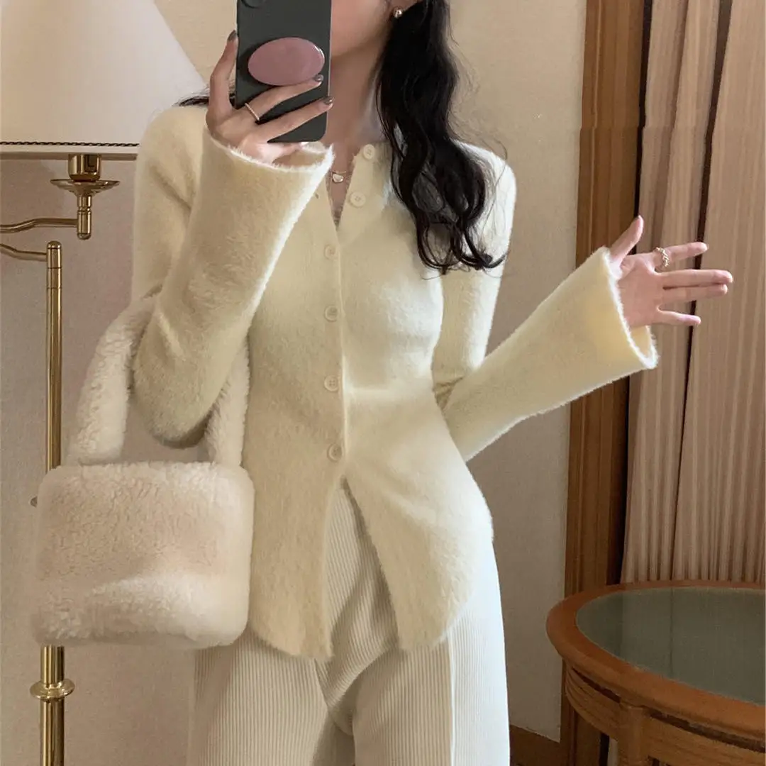 여성용 스위트 퍼지 슬림 긴팔 가디건, 레이디 O넥 싱글 브레스티드 인조 헤어, 단색 가디건 아우터