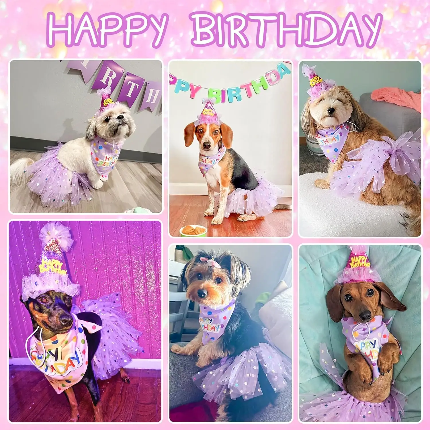 Dog Birthday Bandana with Hat and Dress Girl Set Cute Tutu Skirt Outfit for Small Medium Large Dogs