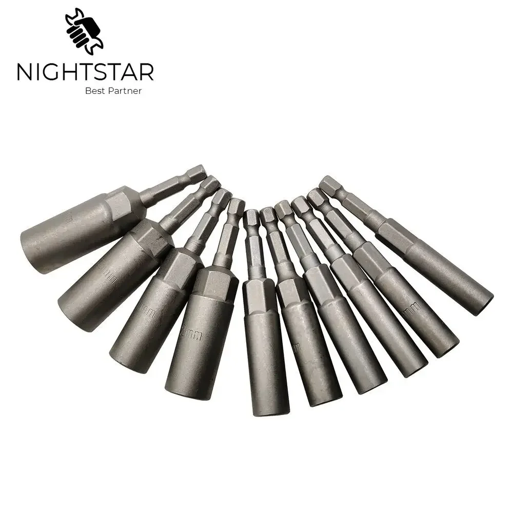 10Pcs 80mm Length Electric Power No Magnetic Screwdriver Nut Driver Set Impact 1/4" Hex Shank Metric Wrench Socket Bit 5.5-14mm 4