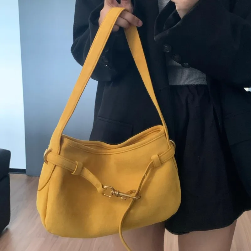JIAERDI Yellow Suede Handbag Women Retro Fashion Versatile Shoulder Bags Ladies Casual Minimalist Commute Underarm Bag 2025 New