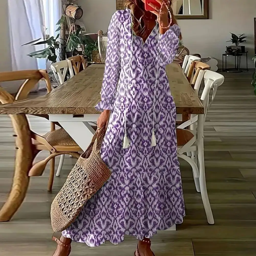 

Versatile Drawstring Dress Bohemian Style Beach Maxi Dress with Tassel Decor Ruffle A-line Design for Women Long Sleeve V Neck