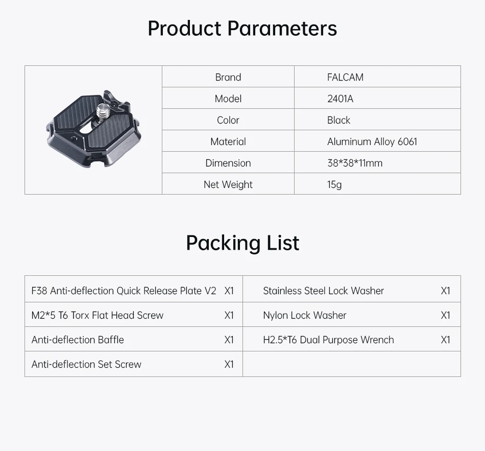 F38 Anti-Deflection Quick Release Plate Camera Accessory with Arca-Swiss Specifi
