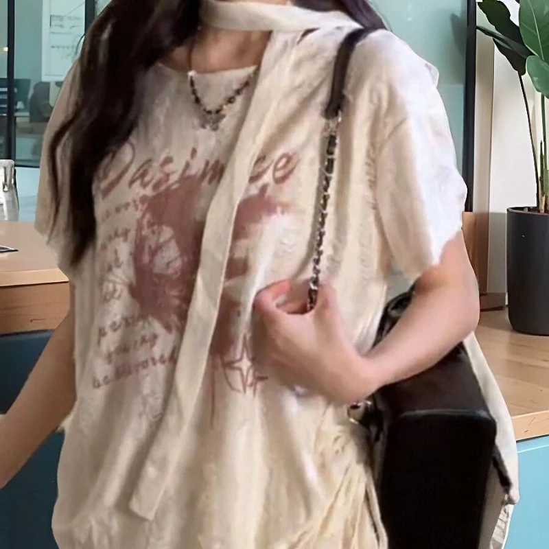 Summer Harajuku Letter Butterfly Print Grunge T-shirts Loose Streetwea Oversized Tops Women Y2k Aesthetic Casual Drawstring Tees 2