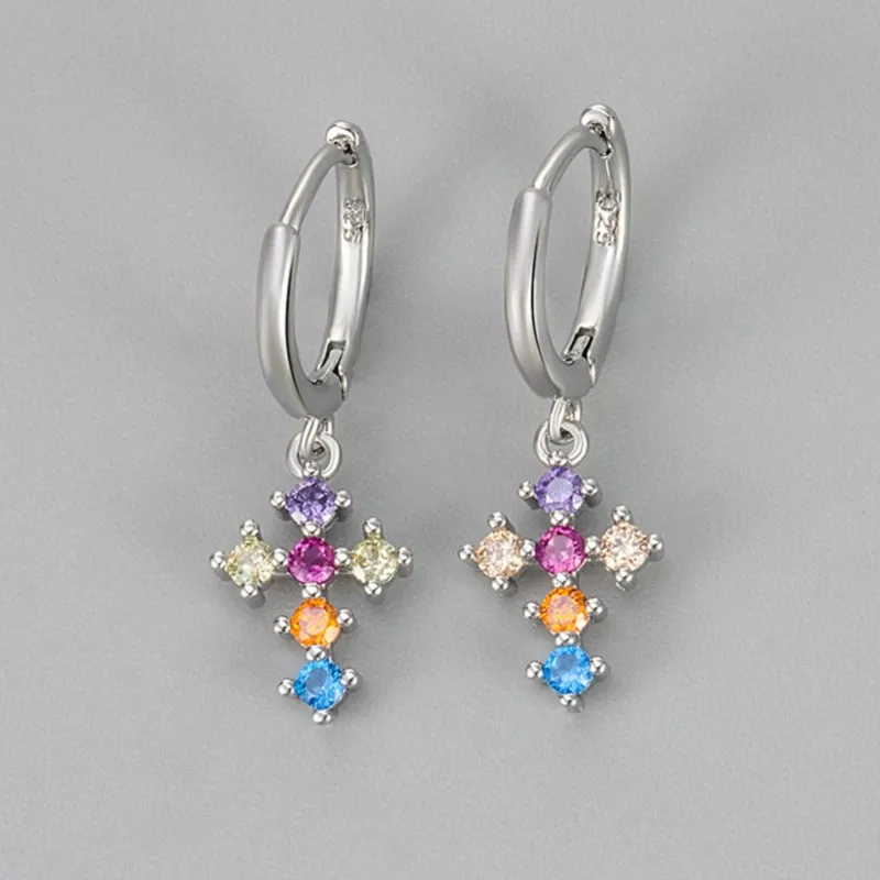 Elegant Cross Pendant Rainbow Zircon Hoop Earrings for Women 2025 New Fashion Hiphop Earring Party Jewelry Gifts