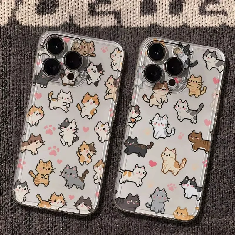 Charming Pixel Kitten Pattern Transparent Phone Case