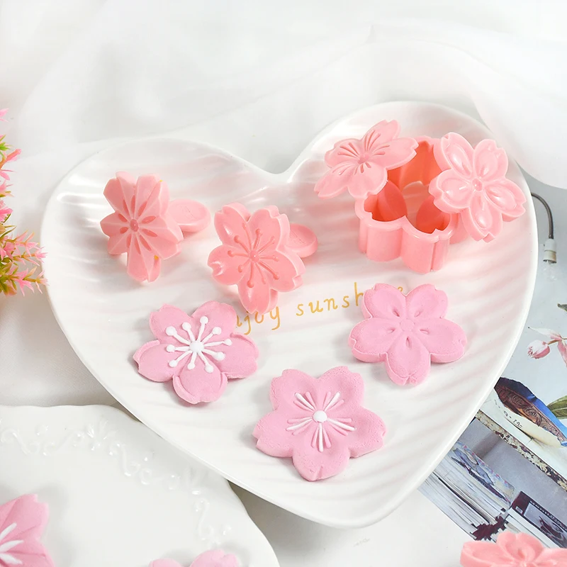 5pcs/set Sakura Flower Cookie Mold Stamp Biscuit Cutter Cherry Blossom DIY Fondant Cake Decor Floral Mould Kitchen Baking Tools cookie cutter,baking mold,cookie mould,cookie printing mold,fondant cutter,baking decorating tools,pastry cutter