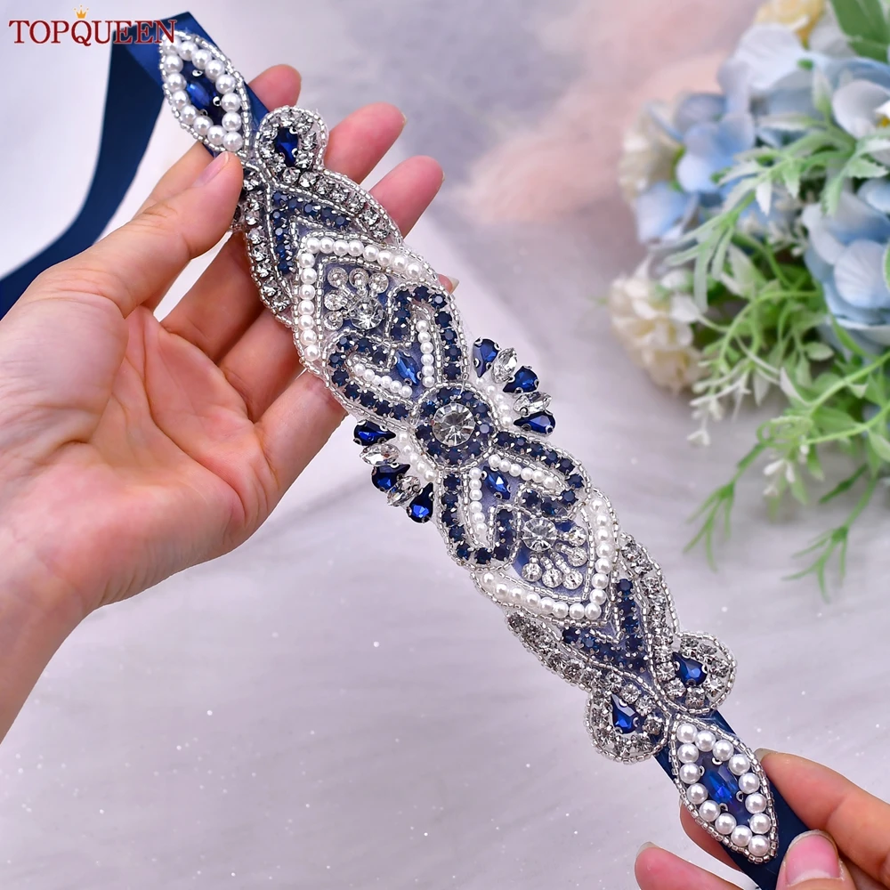 TOPQUEEN Popular Bridal Sash Blue Rhinestone Jeweler Hand