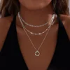 Colliers plaqués or 14 carats pour femmes, empilables, plaqué argent, cercle, trombone, chaîne, pendentif, ras du cou, ensemble pour femmes