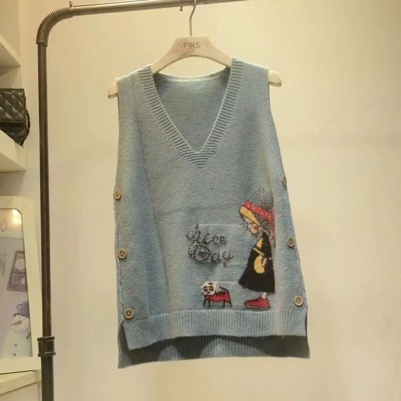 2024 Spring and Autumn New Age Reducing Cartoon Knitted Vest Women's Academy Style Knitted Sweater Vest