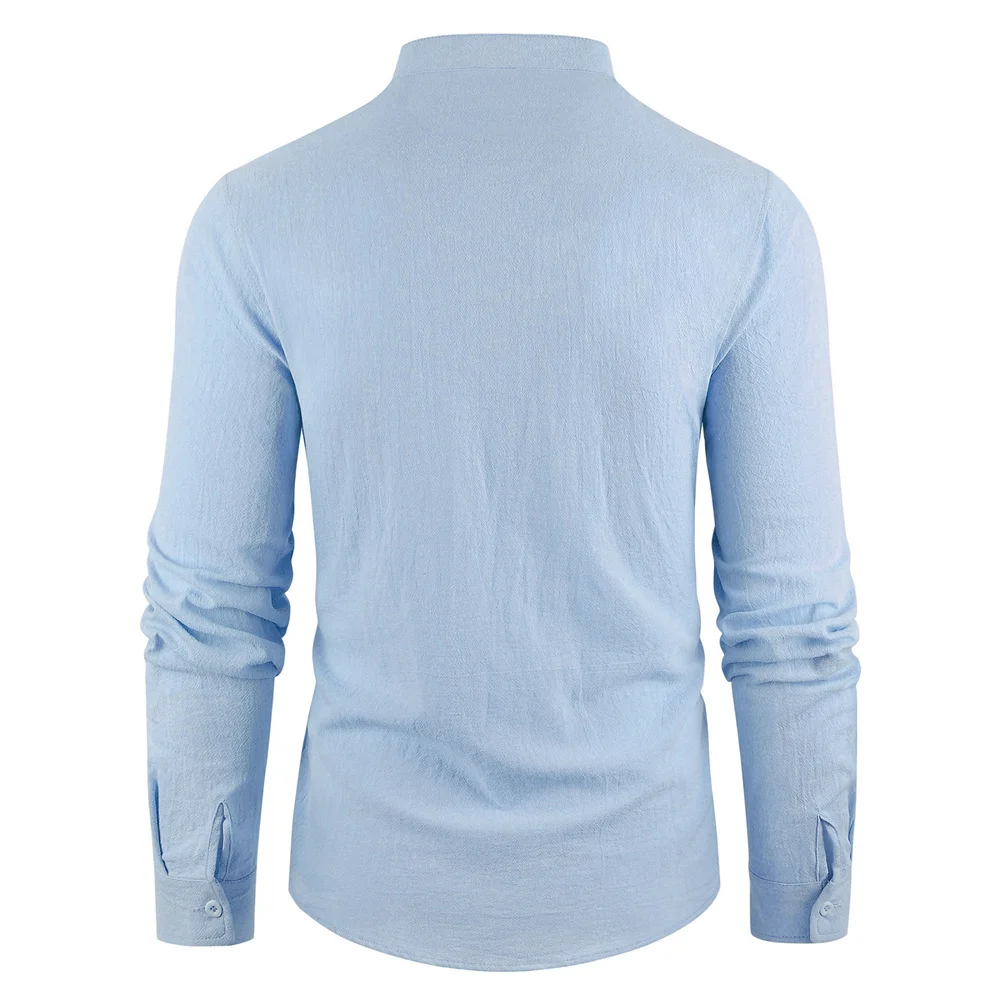 Frühling Sommer Neue männer Langarm Henley Neck Männliche Polo-Shirt Baumwolle Leinen Leichte Atmungsaktive Grundlegende Stil Taste Top – Detail 9