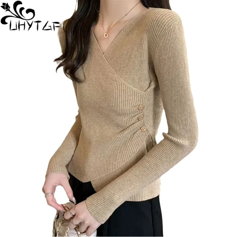 

Женский трикотажный свитер с V-образным вырезом, с длинным рукавом