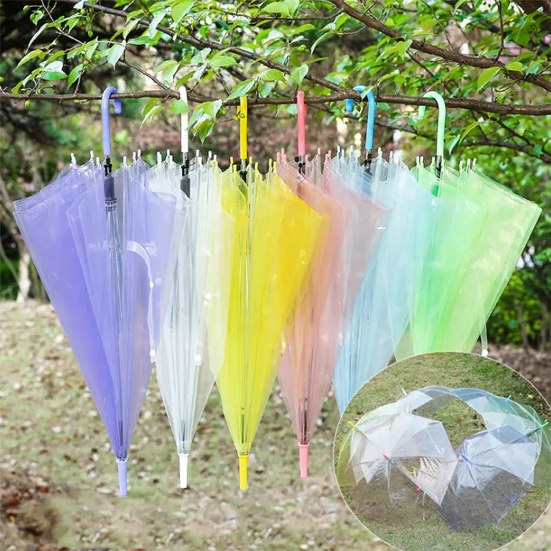 Transparent Color Umbrella for Women Long Handle J Hook Automation Beach Parasol Sun Rain Umbrellas