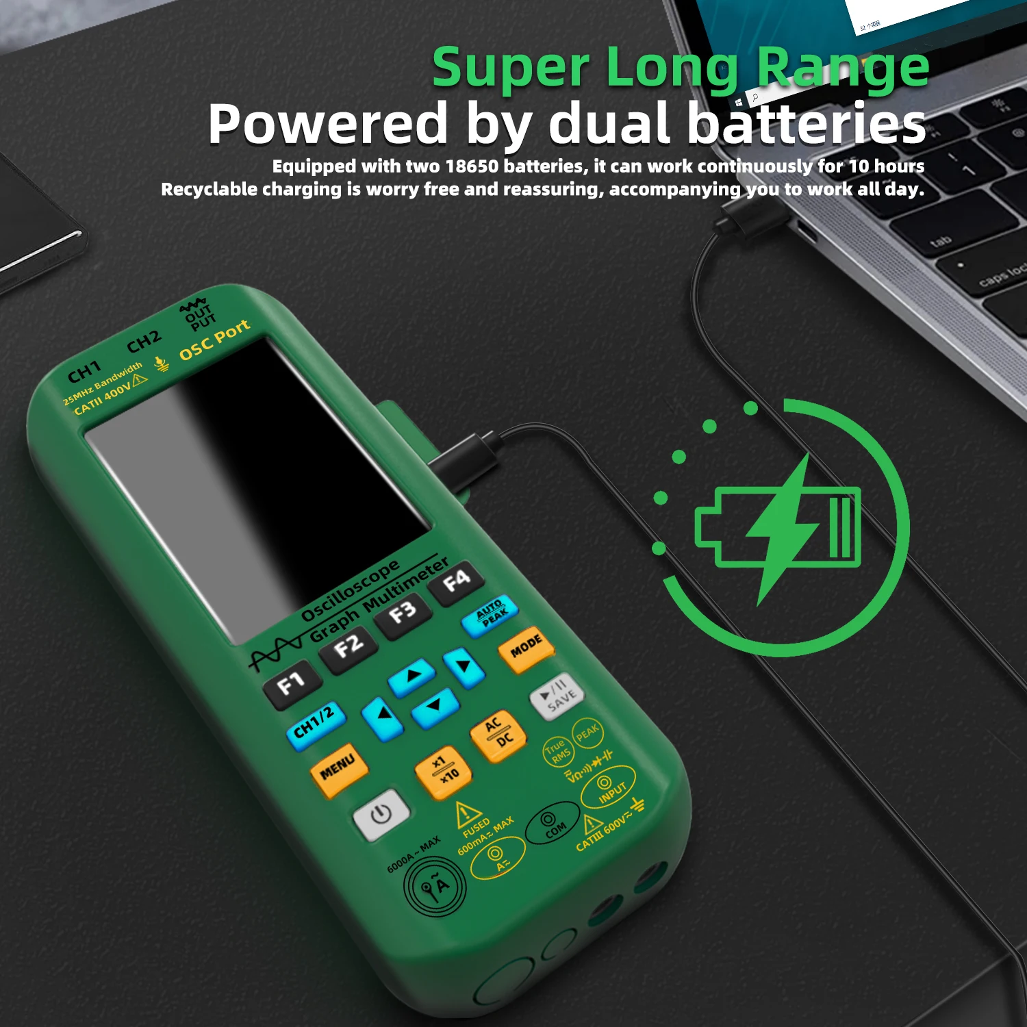 BSIDE. Handheld Oscilloscope Dual Channel 25MHz*2Vol 6000A Current Tester 4-in-1 Digital Multimeter+Functional Signal Generator 5