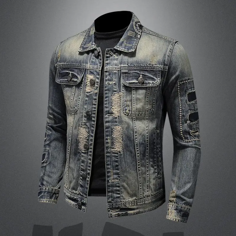 2023 New European and American Slim Fit Motorcycle Jacket Vintage Handsome Perforated Denim Coat Men denim jacket men european and american women s work clothes multiple bags straight tube perforated casual jeans