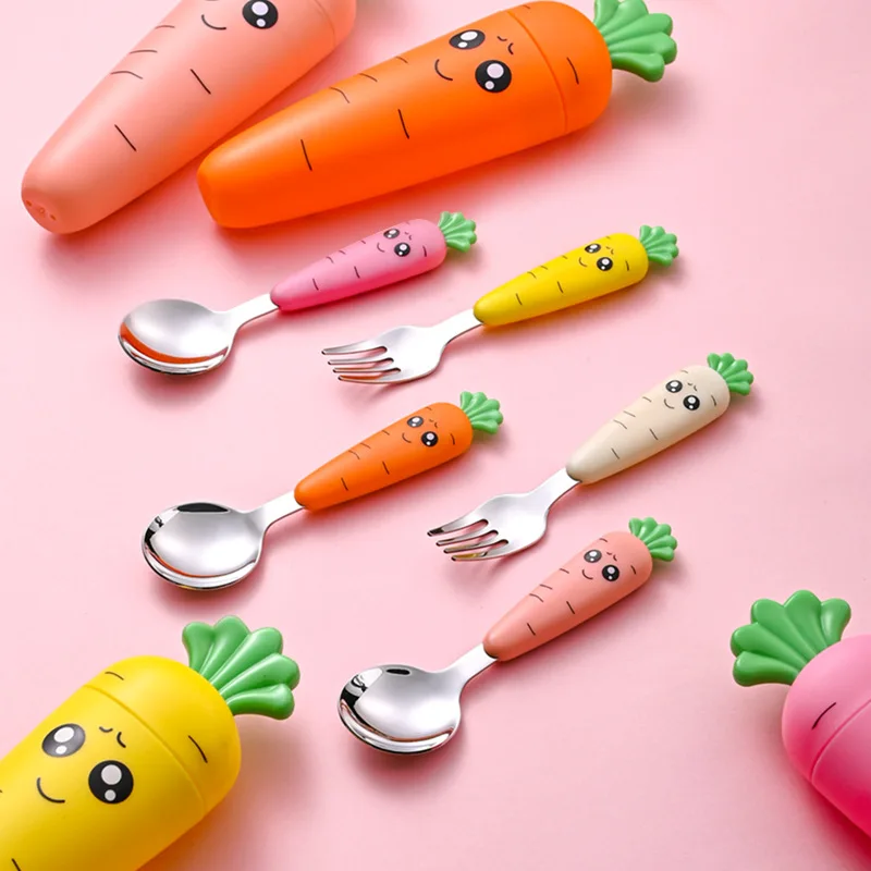 Cutlery Set Kids Fork and Spoon Set Carrot Shape Baby Feeding Utensils Stainless Steel Cartoon Fork Spoon Child Cutlery Set Kid Tableware