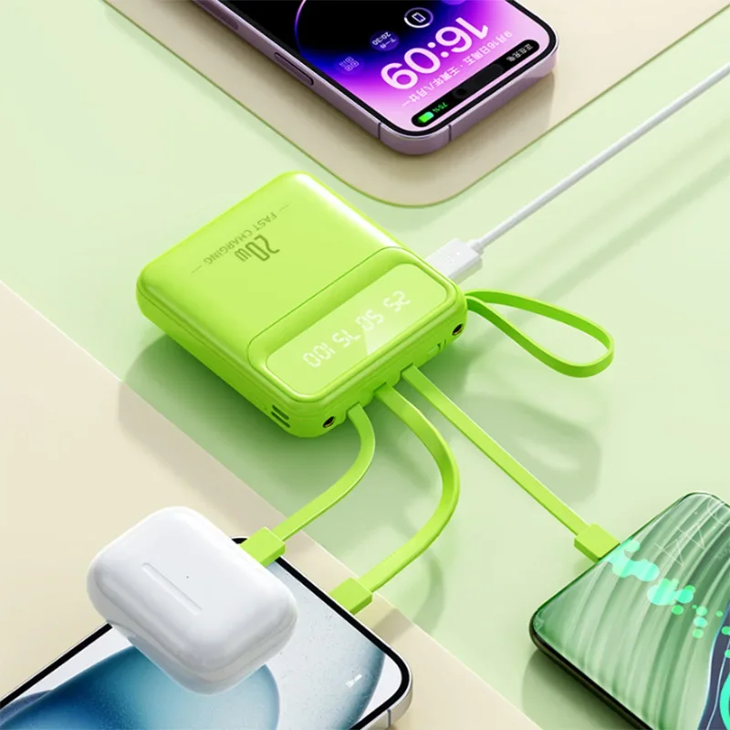 20000mAh Mini Power Bank 4in1 Cable Portable Charger Fast Charging LED Digital Display Poverbank External Battery Mobile Power 3