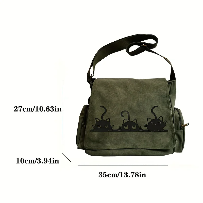 Kawaii Cat Trio Pattern Shoulder Bags Large Capacity Canvas Women's Crossbody Bag Buckled Daily Outings Messenger Bag