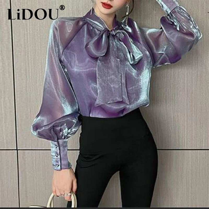 

Spring Autumn Women's Elegant Fashion Bow Solid Shiny Shirt Ladies Long Sleeve Temperament All-match Blusa Buttons Blouse Femme