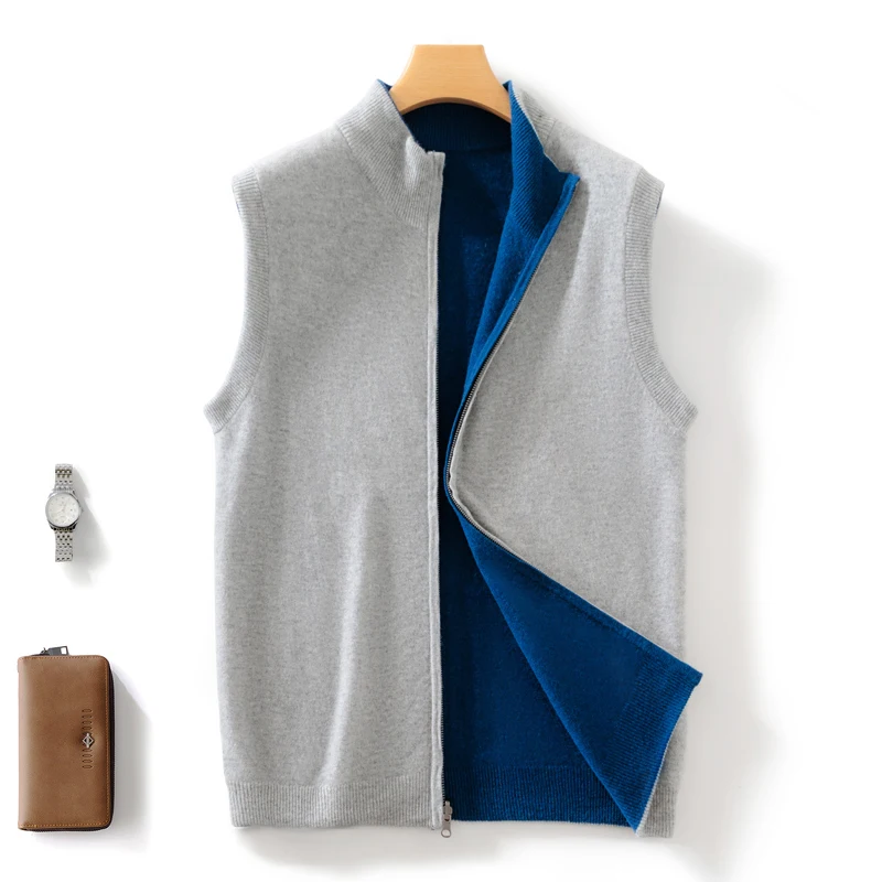 Men sweater vests mens knitted vest New men's wool vest solid color knitted sleeveless cardigan men's semi high neck sweater casual double-sided jacket vest