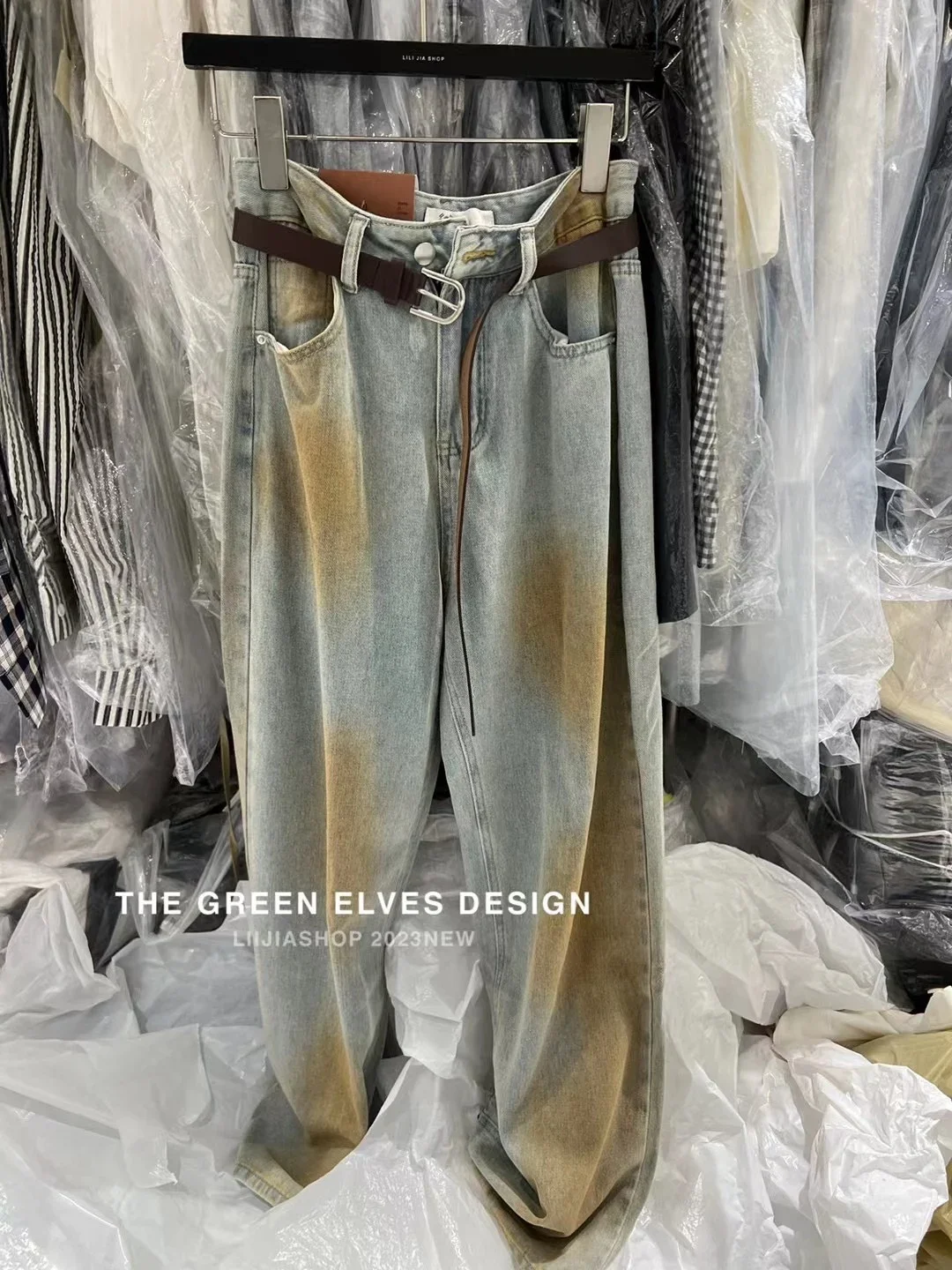 

2023 Spring and Summer Retro Nostalgic Wash Irregular with Personality Rendering Design Wide Leg Jeans