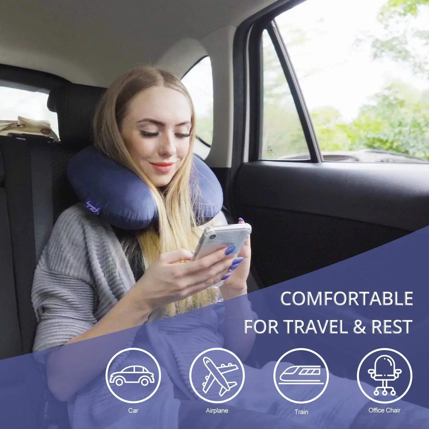 Memory Foam Travel Pillow with Snap Strap and Soft Cover