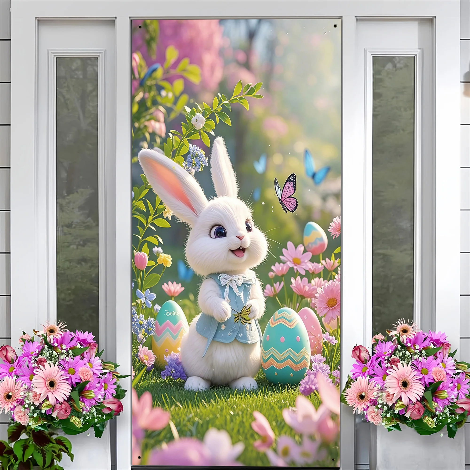 Easter Bunny Door Cover Creative Holiday Colorful Porch Banner for Home Office School Party Decor