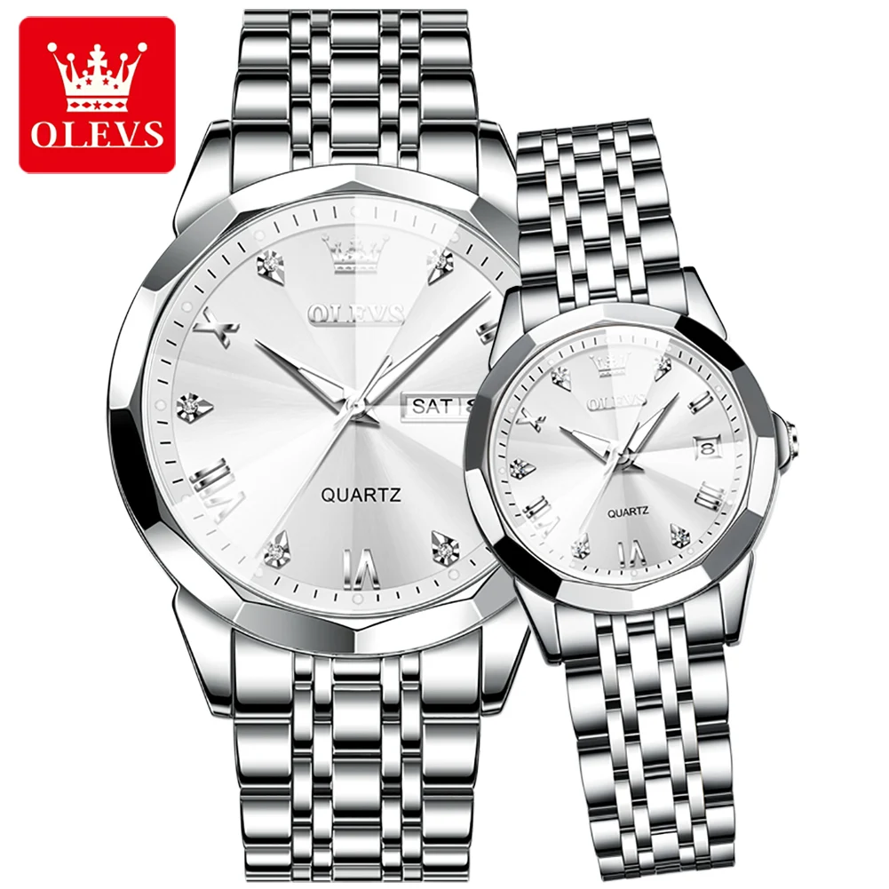 Quartz Couple Wristwatch Solid Stainless Steel Strap Rhombus Design Fashion Business Waterproof Set OLEVS 9931