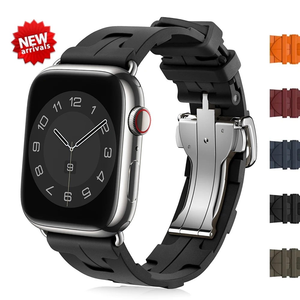

Силиконовый ремешок для Apple Watch Ultra 2/1 49 мм, металлическая складная пряжка, ремешок для IWatch Series 9 8 7 6 SE 3 45 мм 44 мм 40 мм, браслет