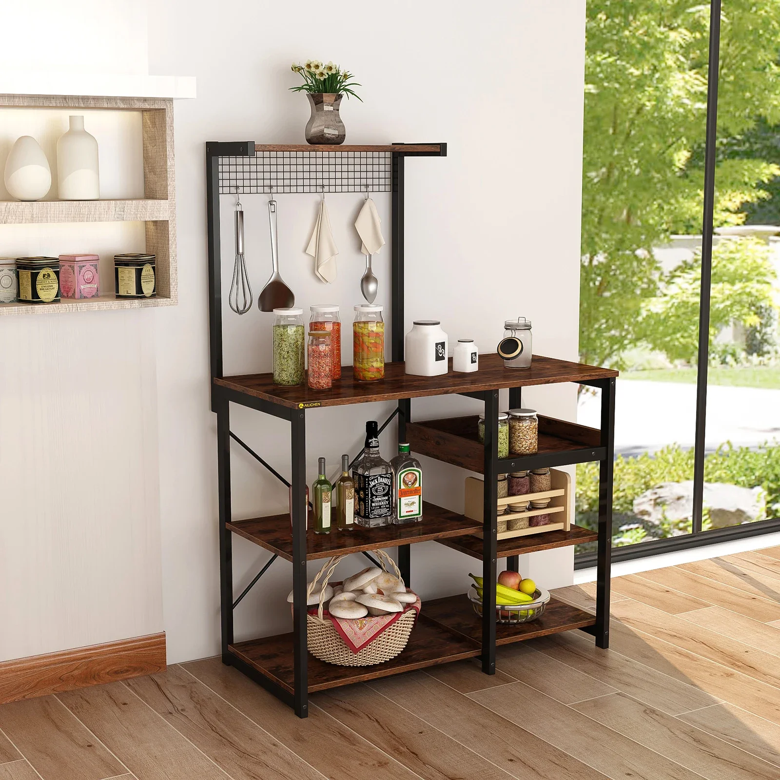 Kitchen Bakers Rack，Microwave Stand,Bakers Racks for Kitchen with Storage Shelf,5-Tier Kitchen Shelves with Wine Rack 4 Hooks