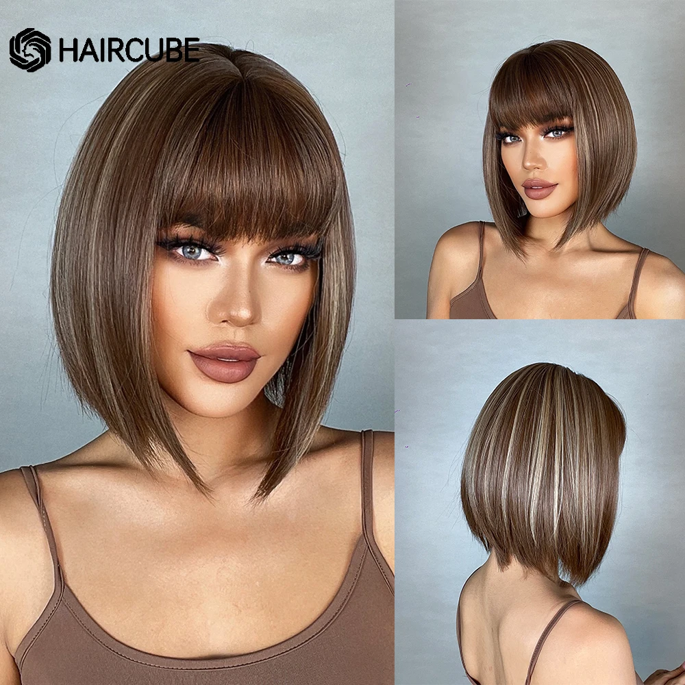 HAIRCUBE Brown Highlight Synthetic Wigs Natural Hair With Bangs Wigs for Black Women Lolita Cosplay Heat Resistant Fiber Wigs