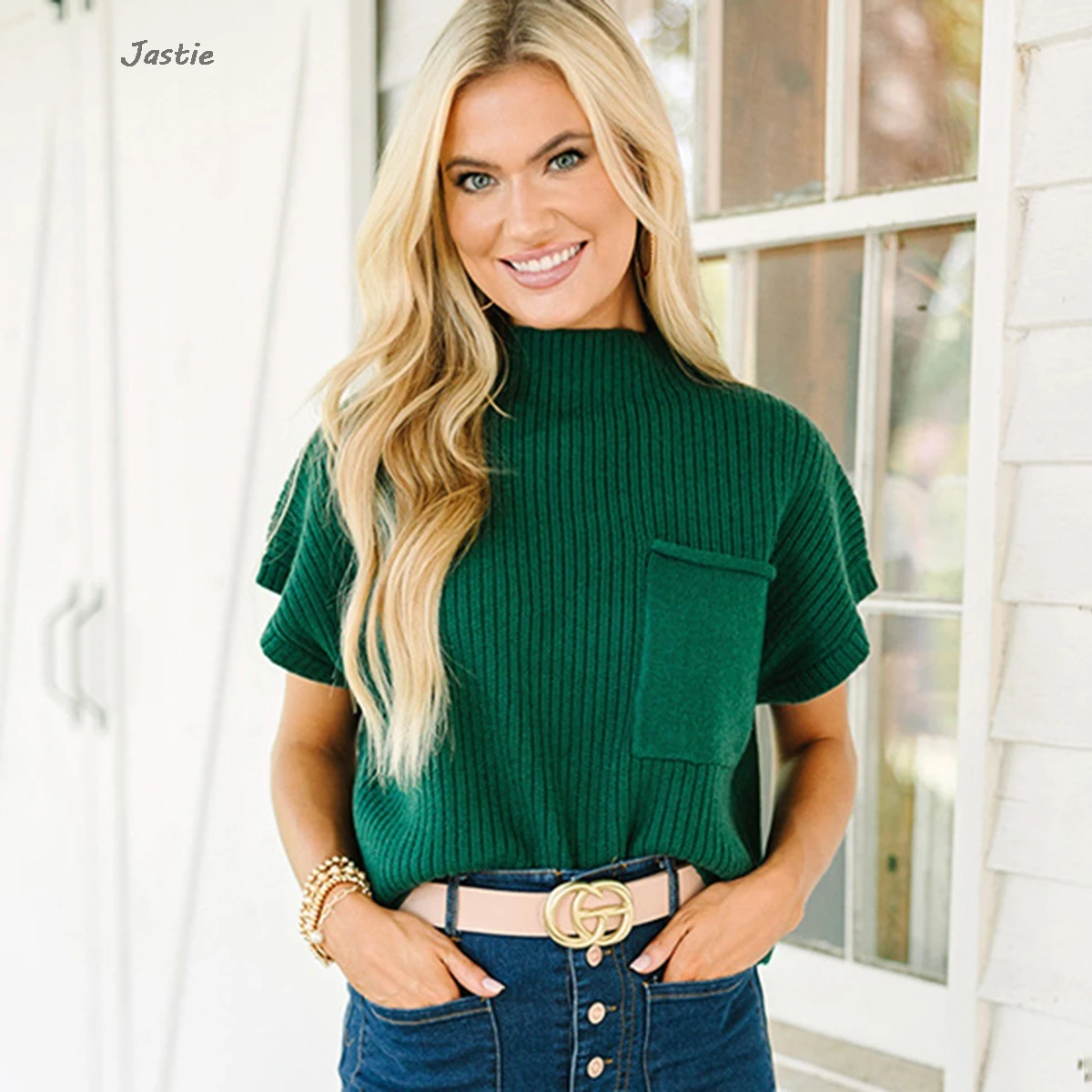 

Spring Solid Pullover Knitted Women's Tops High Neck Short Sleeve Top For Women Simple And Versatile American Threaded Sweater