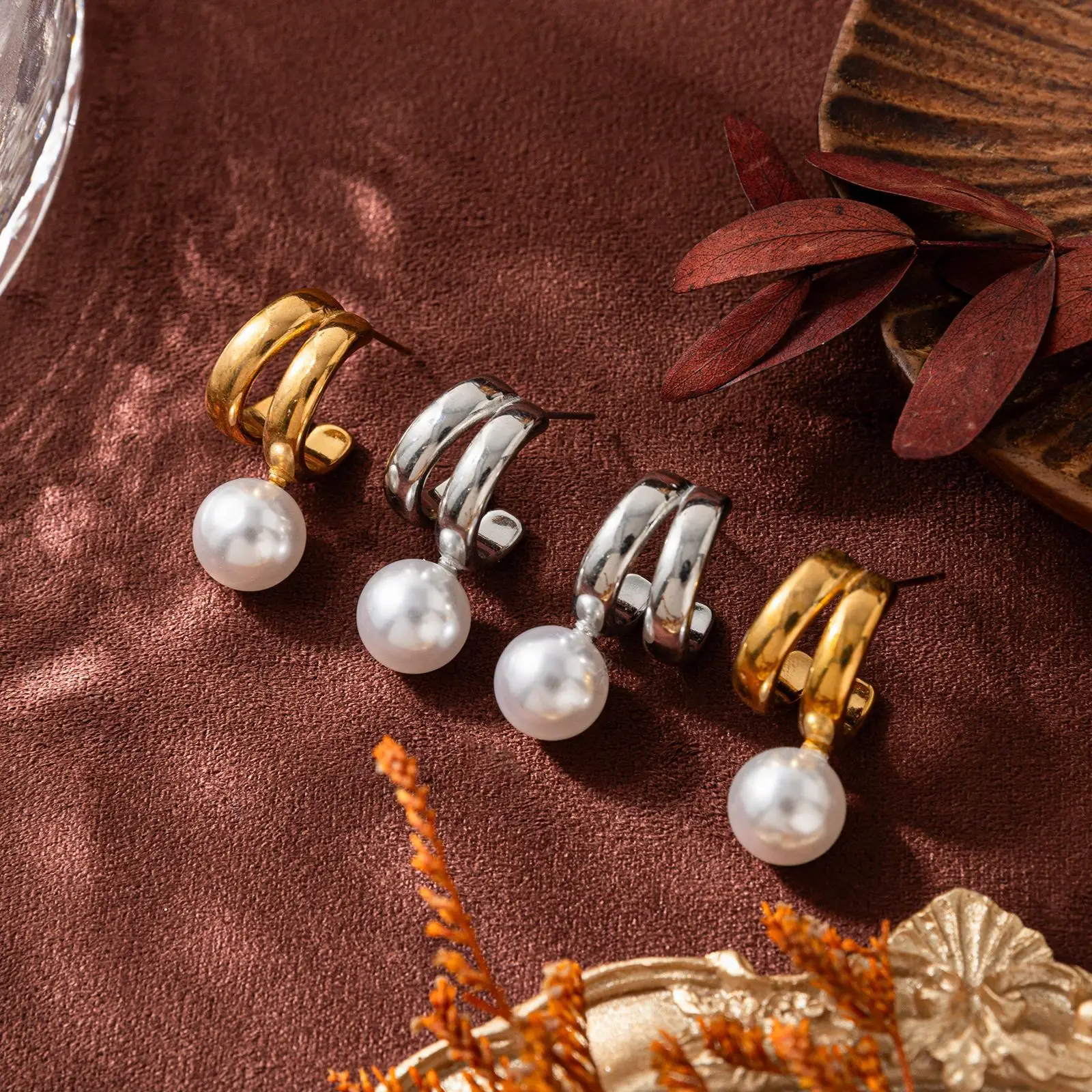 PVD Statement Hollow Out Double Metal CC Huggie Earring Waterproof Polished 18K Gold Plated Pearl Pendant Ear Hoops Chic Jewelry