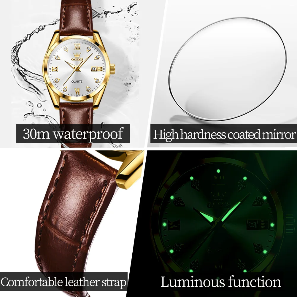 OLEVS Original Quartz Watch for Women Luxury Diamond Date Dial Luminous Wristwatch Waterproof Leather Strap Women's Watch Reloj