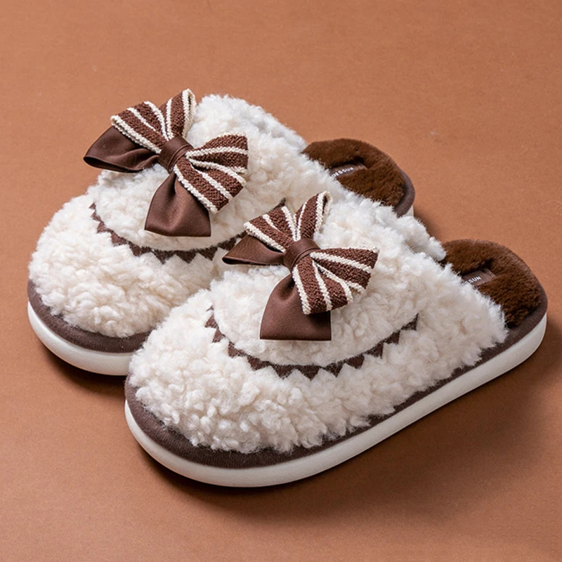 Faux Wool Bowknot Cotton Slippers Women Winter Thick Bottom Warm Indoor Home Shoes Woman Anti Slip Fluffy Plush Slides Ladies