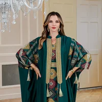 Eid Muslim 2 Piece Set Women Embroidery Dresses Open Abaya Suit Jalabiya Ramadan Dubai Kaftan Party Vestidos Cardigan Robe 2