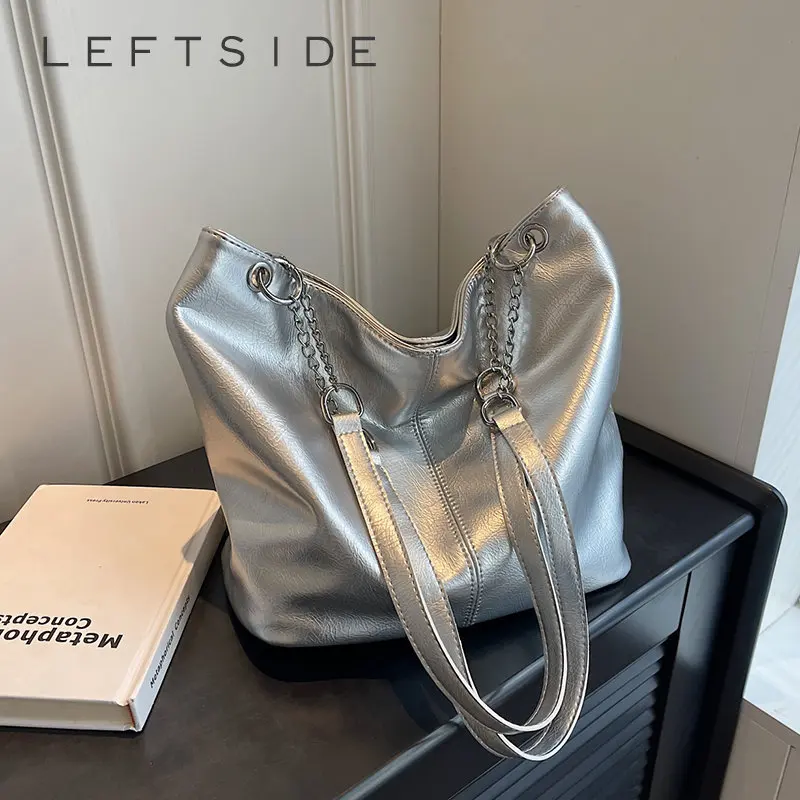 

LEFTSIDE, Большие серебристые сумки Хобо из мягкой кожи для женщин 2023, модные корейские сумочки, женская сумка через плечо