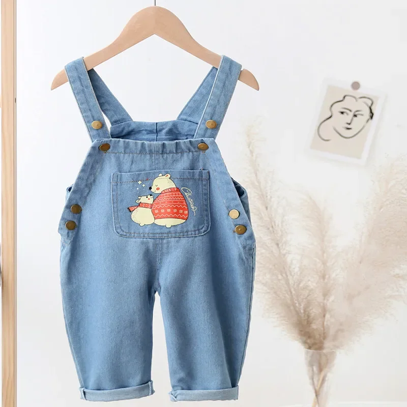 IENENS Boys Jeans Overalls Baby Toddler Girls Loose Denim Dungarees Kids Cartoon Print Jumpsuit 1-4 Years Children Long Pants