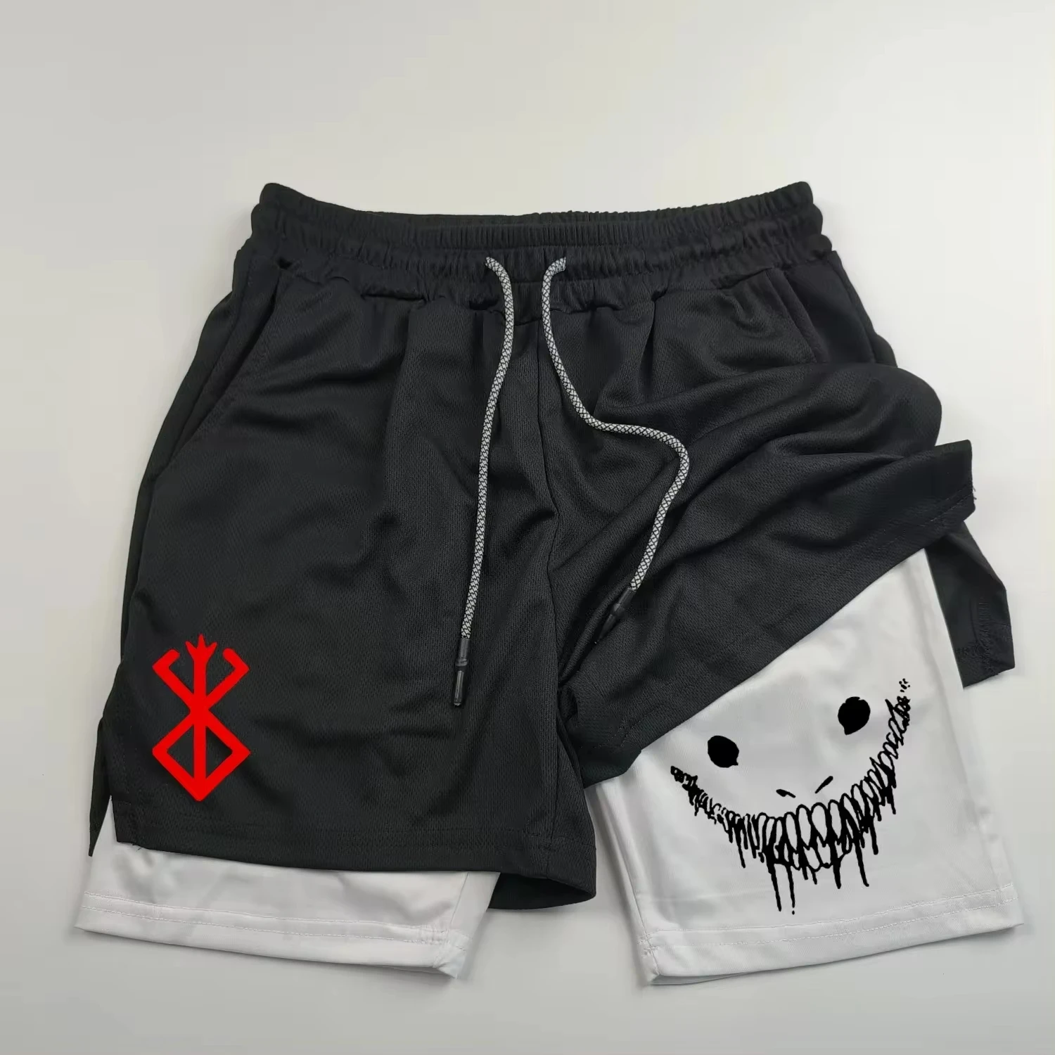 Men Fitness Gym Training 2 in 1 Sports Anime Berserk Running Shorts Quick Dry Workout Jogging Double Deck Towel 4