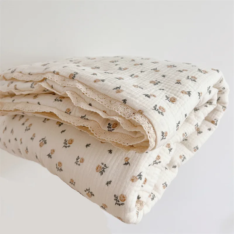 Cotton Muslin Quilted Baby Blanket Vintage Toddler Floral Blanket -Rose 120x150cm