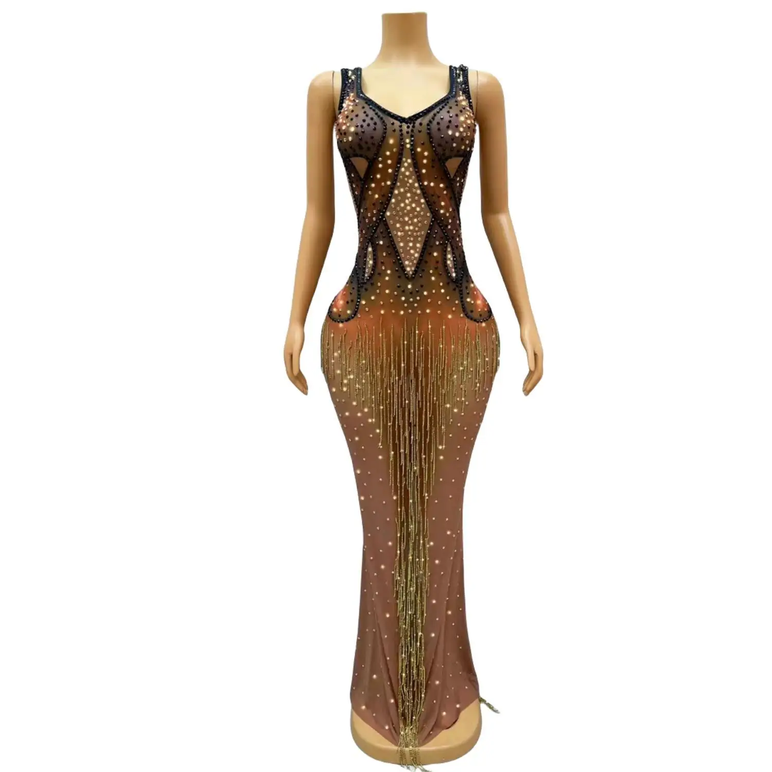 

Women's Fashion Rhinestones Crystals Fringes Transparent Dress Birthday Celebrate Evening Gown Sexy Singer Outfit Niuniaojian