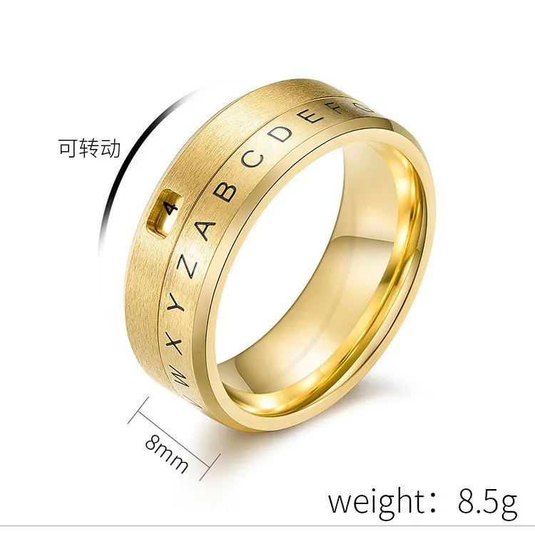 8MM Men's Stainless Steel Alphabet Number Spinner Ring Decoder Design Promise Engagement Wedding Band 6