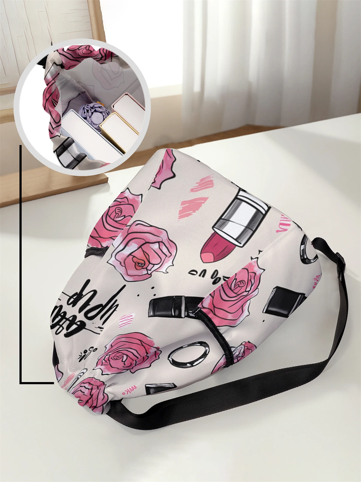 Rose Pattern Drawstring Backpack - Large Capacity Durable Fitness Bag, Adjustable Shoulder Strap, Sports Beach Backpack