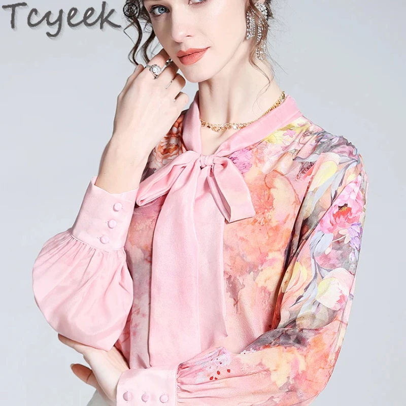 

Блузка Tcyeek из натурального шелка тутового шелкопряда, женская одежда, элегантные женские блузки, Топ с длинным рукавом и принтом, весна-лето 100%