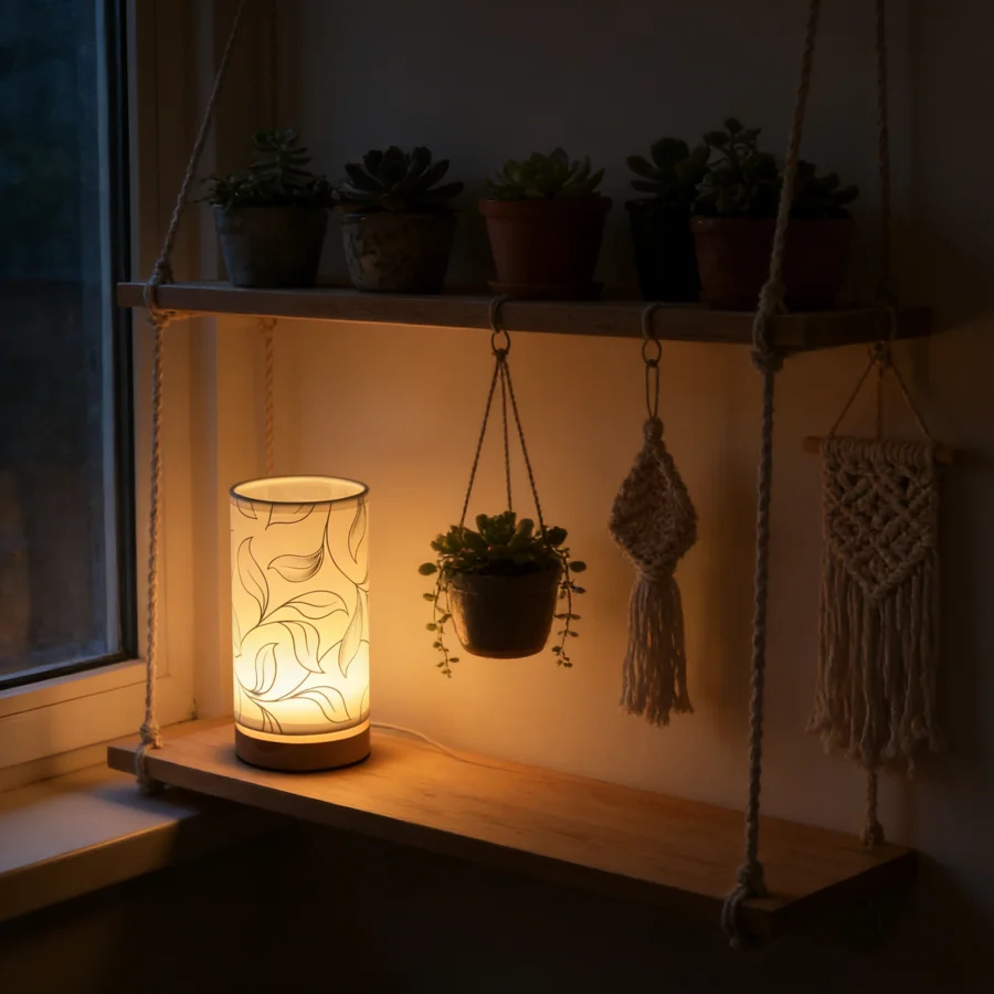 1PC 미니멀리스트 잎사귀 프린트 테이블 램프 나무 베이스 따뜻한 빛 침실 야간 조명