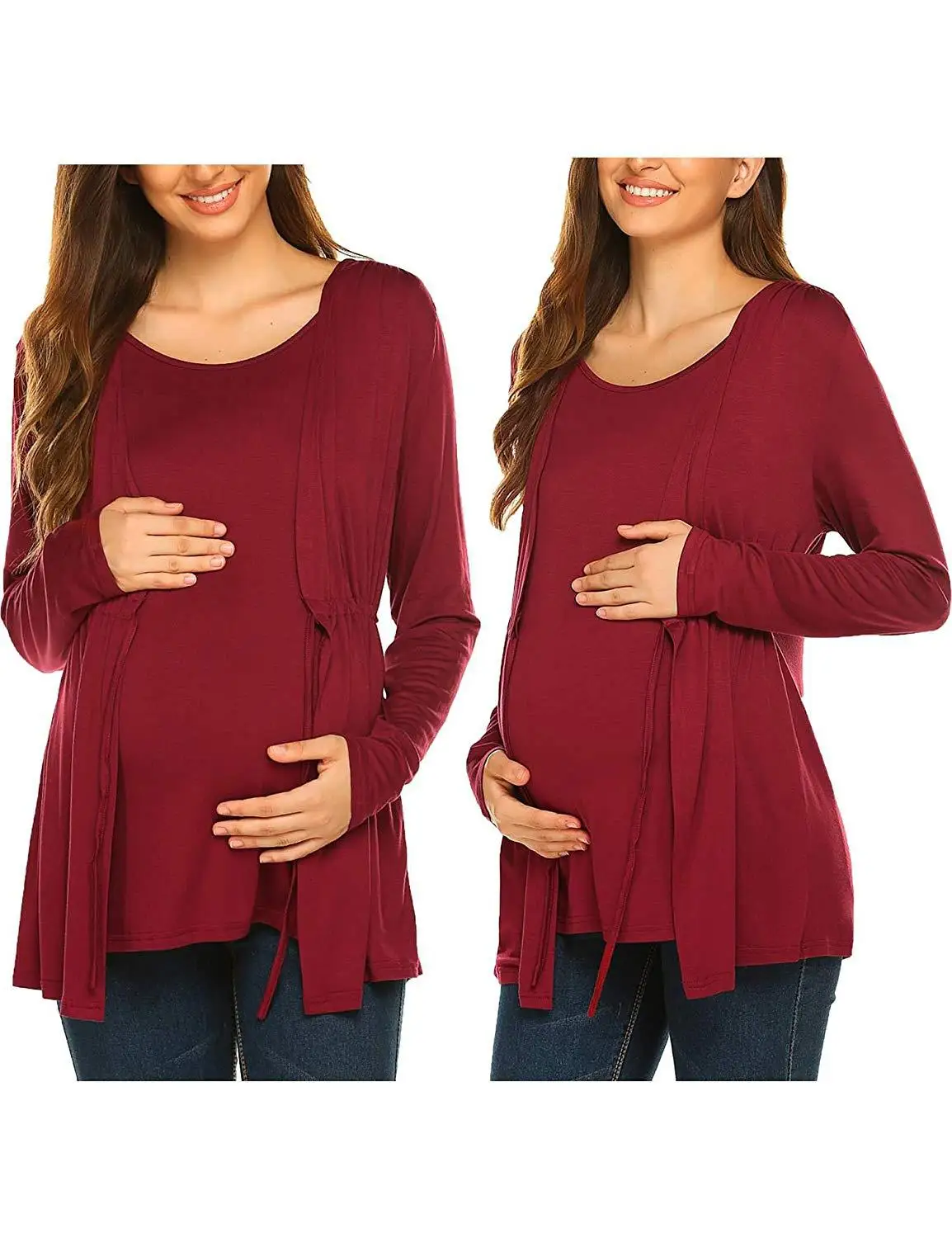 Maternity Tops Autumn and Winter Long Sleeve Round Neck Fake Two Piece Lace Up Anti Light Breastfeeding Pregnant Women's Top T-shirtＭaternity p